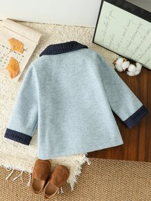 SHEIN Baby Boy British Style Peter Pan Collar Double Breasted Overcoat - Royal Blue - View 3