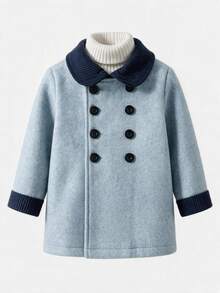 SHEIN Baby Boy British Style Peter Pan Collar Double Breasted Overcoat - Royal Blue - View 1