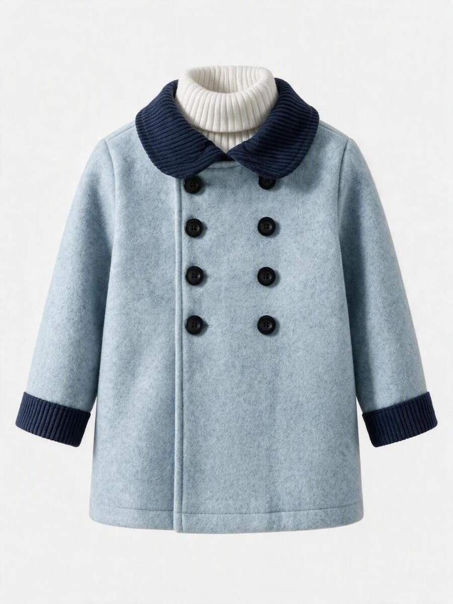 SHEIN Baby Boy British Style Peter Pan Collar Double Breasted Overcoat - Royal Blue - View 1