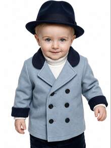 SHEIN Baby Boy British Style Peter Pan Collar Double Breasted Overcoat - Royal Blue - View 10