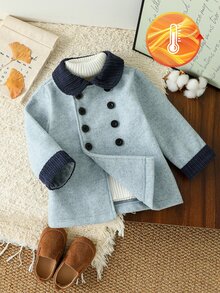 SHEIN Baby Boy British Style Peter Pan Collar Double Breasted Overcoat - Royal Blue - View 9
