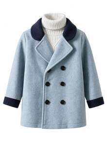 SHEIN Baby Boy British Style Peter Pan Collar Double Breasted Overcoat - Royal Blue - View 2