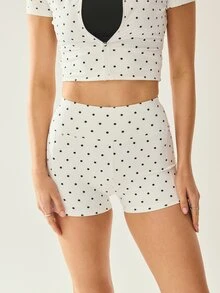 Aralina Leisurewear Active Women's 2pcs Polka Dot Print Short Sleeve Zipper Front Top And Shorts Sports Two Piece Set - Black and White - View 10