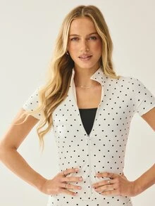 Aralina Leisurewear Active Women's 2pcs Polka Dot Print Short Sleeve Zipper Front Top And Shorts Sports Two Piece Set - Black and White - View 4