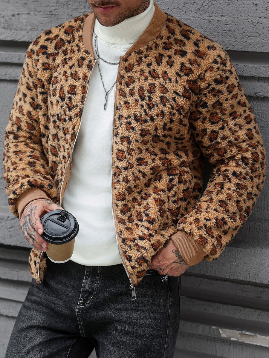 Manfinity CasualCool Men's Long-Sleeve Leopard Print Fleece Casual Jacket, Autumn And Winter Style - Brown - View 1