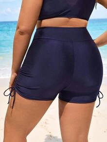 SHEIN Swim Curve 大码女式纯色高腰口袋比基尼短裤，适合度假 - 藍色 - 查看 2