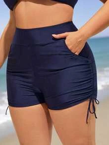 SHEIN Swim Curve 大码女式纯色高腰口袋比基尼短裤，适合度假 - 藍色 - 查看 5