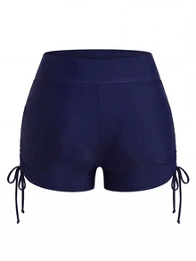 SHEIN Swim Curve 大码女式纯色高腰口袋比基尼短裤，适合度假 - 藍色 - 查看 8