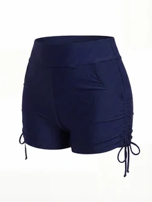 SHEIN Swim Curve 大码女式纯色高腰口袋比基尼短裤，适合度假 - 藍色 - 查看 3