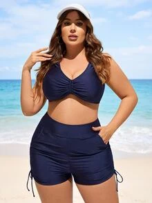 SHEIN Swim Curve 大码女式纯色高腰口袋比基尼短裤，适合度假 - 藍色 - 查看 6