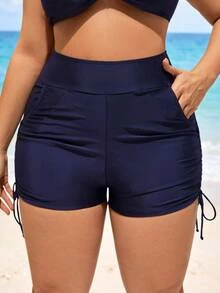 SHEIN Swim Curve 大码女式纯色高腰口袋比基尼短裤，适合度假 - 藍色 - 查看 4