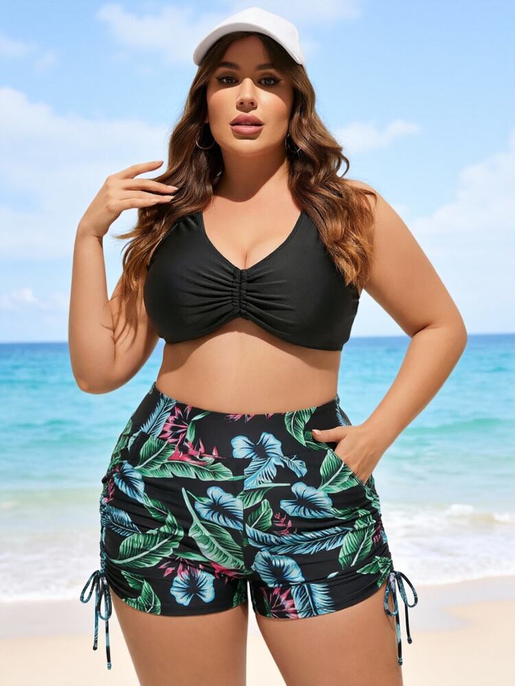 SHEIN Swim Curve Plus Size High Waist Casual Elegant Modern Tropical Ruched Summer Comfortable Swimwear Bottom With Pockets Beach Vacation Vacation Black Leopard Print - Black - View 3