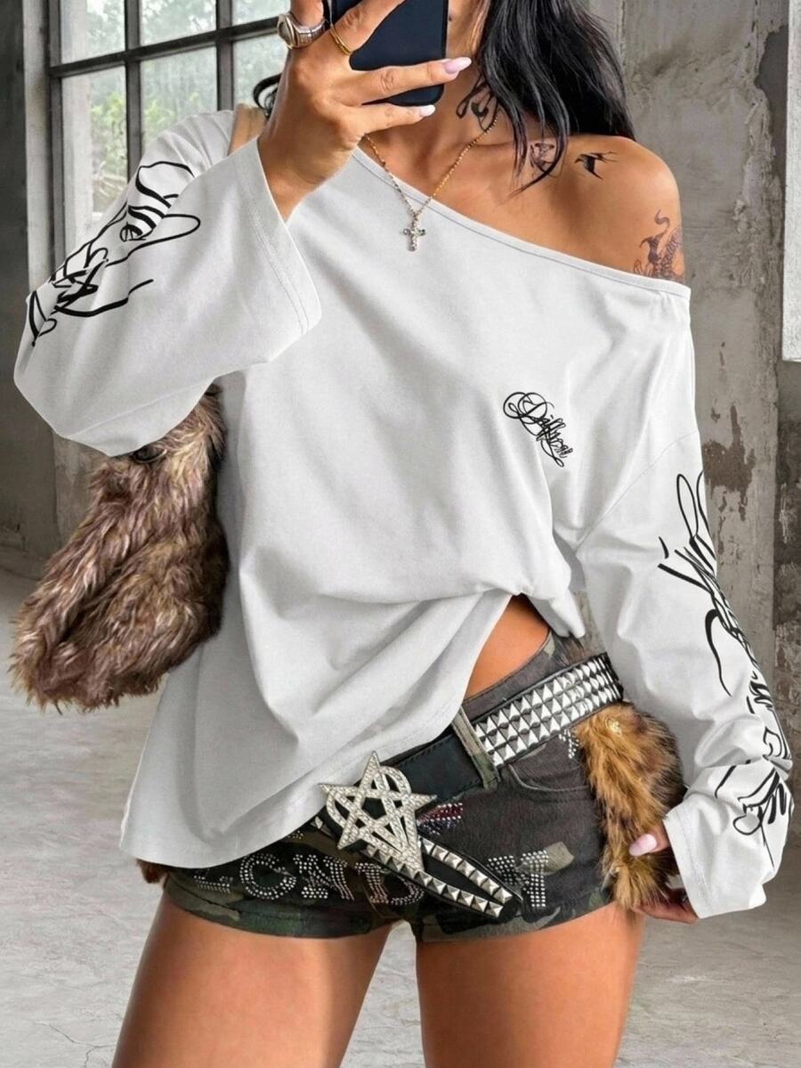 Coolane Women's Autumn Going Out Streetwear Knit White Asymmetrical Neck Long Sleeve T-Shirt, Casual Date Night Outfits, Autumn Outfit For Women, Graphics Tees - أبيض - مشاهدة 1