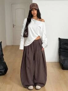 Coolane Women's Autumn Going Out Streetwear Knit White Asymmetrical Neck Long Sleeve T-Shirt, Casual Date Night Outfits, Autumn Outfit For Women, Graphics Tees - أبيض - مشاهدة 5