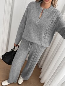 Breezaya Women's Solid Color Half Zip High Neck Jacquard Knit Sweater & Drawstring Straight Wide Leg Pants Two Pieces Set, Autumn/Winter European American Slouchy - Grey - View 3