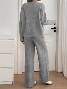 Breezaya Women's Solid Color Half Zip High Neck Jacquard Knit Sweater & Drawstring Straight Wide Leg Pants Two Pieces Set, Autumn/Winter European American Slouchy - Grey - View 2