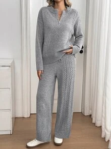 Breezaya Women's Solid Color Half Zip High Neck Jacquard Knit Sweater & Drawstring Straight Wide Leg Pants Two Pieces Set, Autumn/Winter European American Slouchy - Grey - View 4