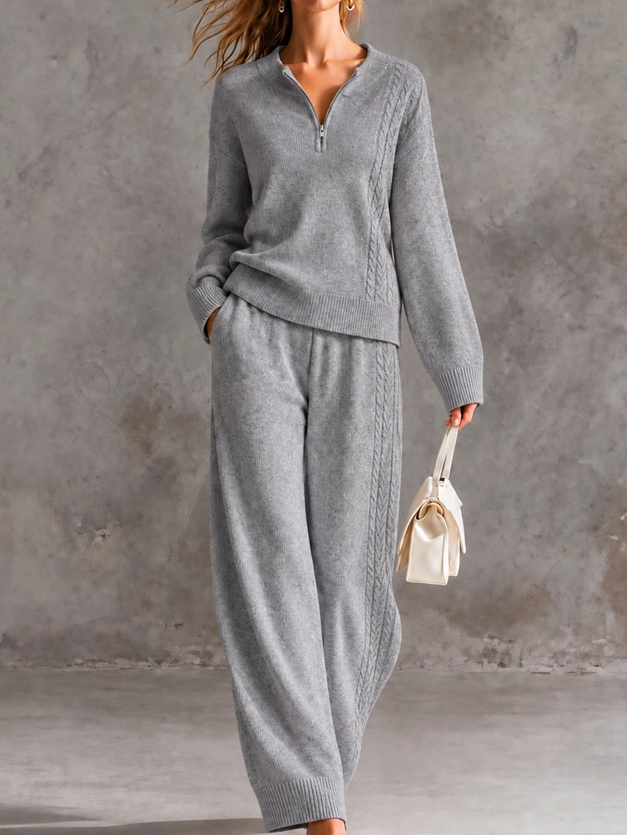 Breezaya Women's Solid Color Half Zip High Neck Jacquard Knit Sweater & Drawstring Straight Wide Leg Pants Two Pieces Set, Autumn/Winter European American Slouchy - Grey - View 1