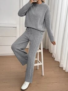 Breezaya Women's Solid Color Half Zip High Neck Jacquard Knit Sweater & Drawstring Straight Wide Leg Pants Two Pieces Set, Autumn/Winter European American Slouchy - Grey - View 7