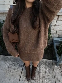 Flora Isola Flora Isola Elegant Round Neck Long Sleeve Skirt Sweater 2 Pieces Set For Women - Brown - View 1