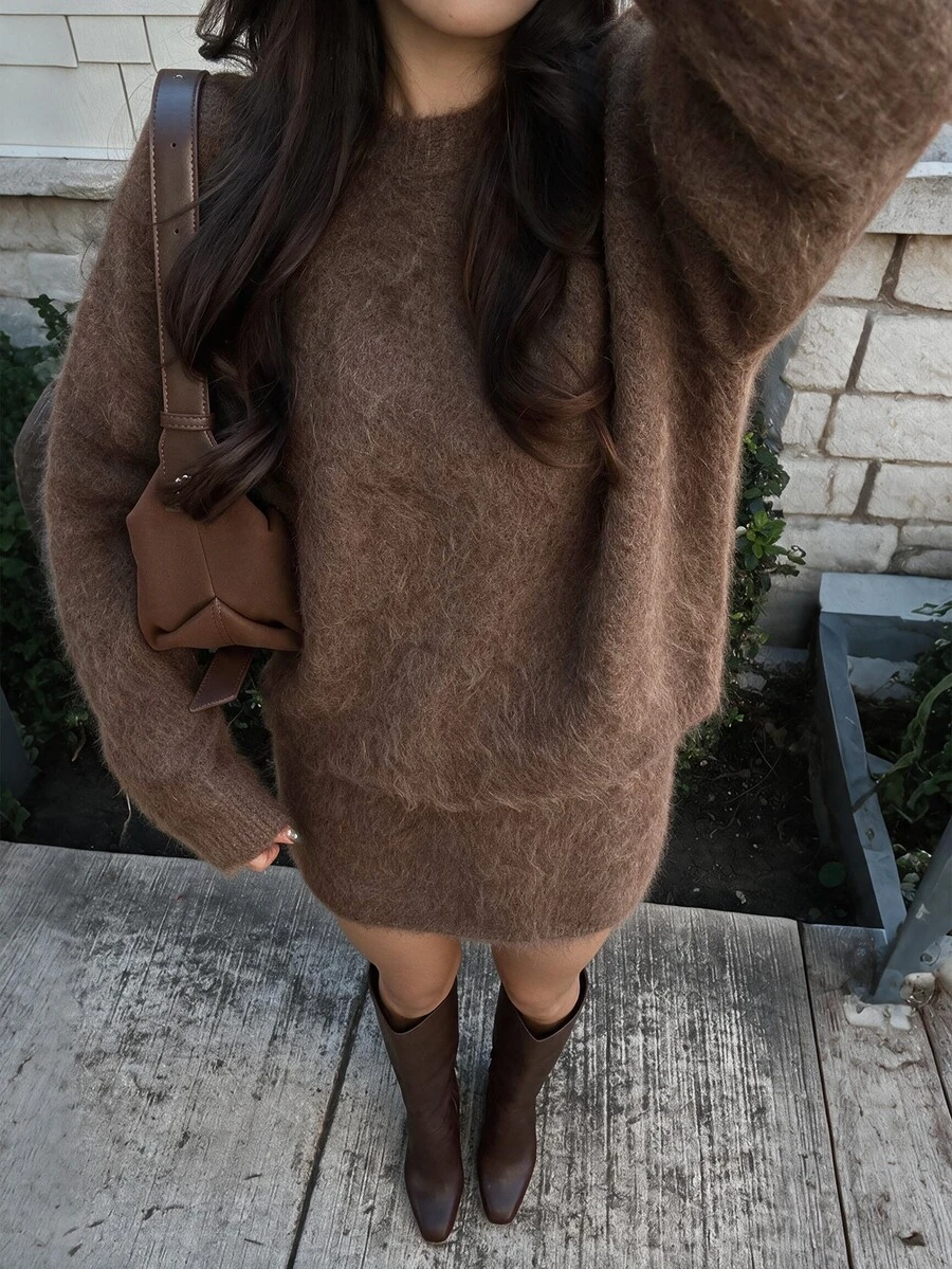Flora Isola Flora Isola Elegant Round Neck Long Sleeve Skirt Sweater 2 Pieces Set For Women - Brown - View 1