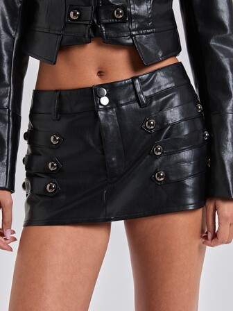Goth Y2K Punk Hot Girl Napoleon-Mini-Lederrock mit Knopfdekor, figurbetont