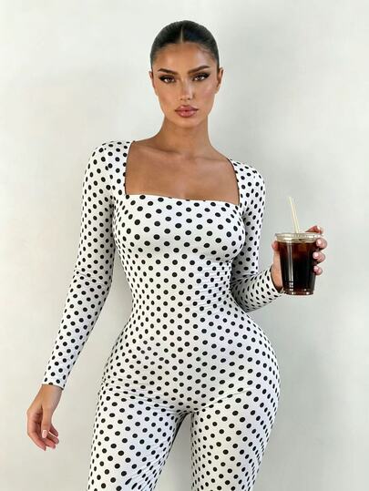 Sirith Sexy Fashion Butt-Lifting White & Black Polka Dot INS Style Sports Jumpsuit, Suitable For Selfie, Innerwear, Daily Wear, Versatile American Fitness Yoga Elegant With Chest Pads