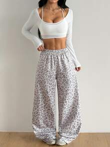Coolane Women's Sportswear Set Off The Shoulder Tees & Leopard Stretchy Pink Wide Leg Sweatpants - White - View 7