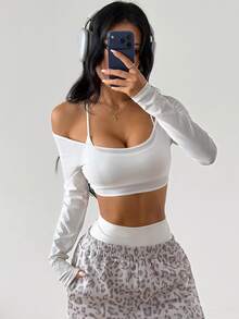 Coolane Women's Sportswear Set Off The Shoulder Tees & Leopard Stretchy Pink Wide Leg Sweatpants - White - View 3