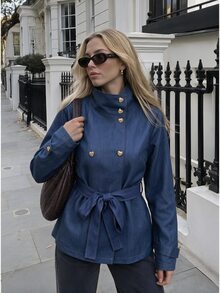 Easura Plus Size Denim Effect Long Sleeve Double-Breasted Heart Button Cinched Waist Jacket Fall - Blue - View 3
