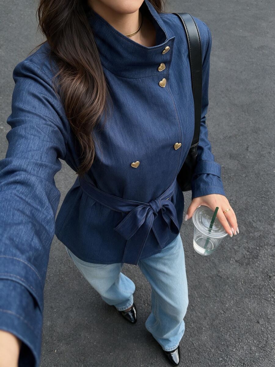 Easura Plus Size Denim Effect Long Sleeve Double-Breasted Heart Button Cinched Waist Jacket Fall - Blue - View 1