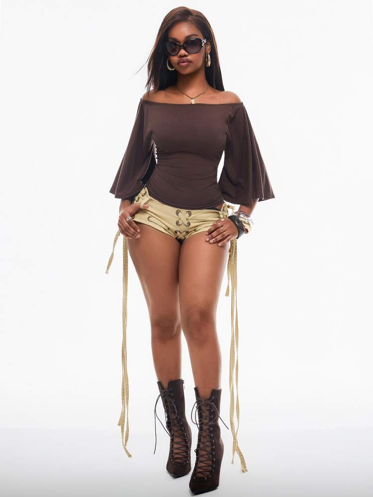 Vadaroq Cierra Cinched Waist Short Sleeve Top - Butter Brown - Chocolate Brown - View 5