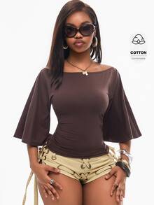Vadaroq Cierra Cinched Waist Short Sleeve Top - Butter Brown - Chocolate Brown - View 6