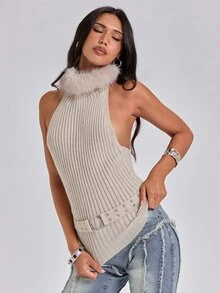 ROMWE Autumn/Winter Casual Party Sexy Y2K Metal Buckle Patchwork Fur Collar Backless Knit Top - Apricot - View 5