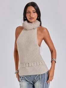 ROMWE Autumn/Winter Casual Party Sexy Y2K Metal Buckle Patchwork Fur Collar Backless Knit Top - Apricot - View 4