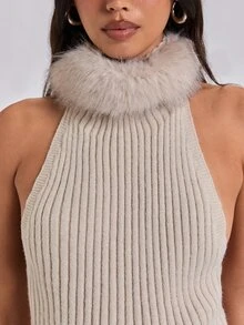 ROMWE Autumn/Winter Casual Party Sexy Y2K Metal Buckle Patchwork Fur Collar Backless Knit Top - Apricot - View 7