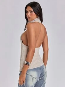 ROMWE Autumn/Winter Casual Party Sexy Y2K Metal Buckle Patchwork Fur Collar Backless Knit Top - Apricot - View 6