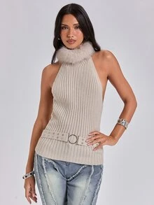 ROMWE Autumn/Winter Casual Party Sexy Y2K Metal Buckle Patchwork Fur Collar Backless Knit Top - Apricot - View 1