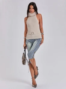 ROMWE Autumn/Winter Casual Party Sexy Y2K Metal Buckle Patchwork Fur Collar Backless Knit Top - Apricot - View 3