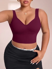SHEIN Rhythm Era 女款大尺碼純色日常健身運動內衣 - 酒紅色 - 查看 7