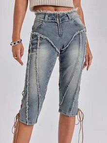 ROMWE Autumn/Winter Y2K Sexy Millennium Style Frayed Edge Exposed 2 In 1 Ultra Low Waist Tight Denim Shorts - Light Wash - View 3
