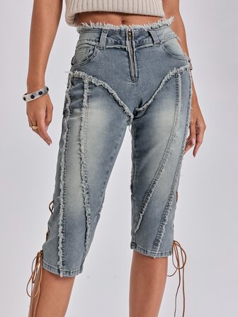 Herbst/Winter Y2K Sexy Millennium Stil Fransenkante Freigelegt 2 In 1 Ultra Tief Taille Eng Anliegende Denim Shorts