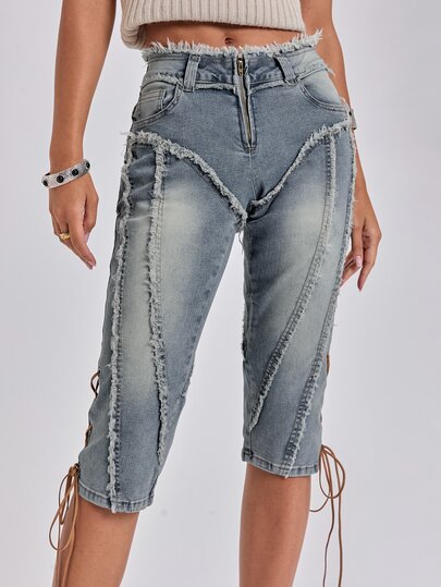 Otoño/Invierno Y2K Estilo Sexy Milenario Borde Deshilachado Expuesto 2 en 1 Cintura Ultra Baja Shorts de Mezclilla Ajustados