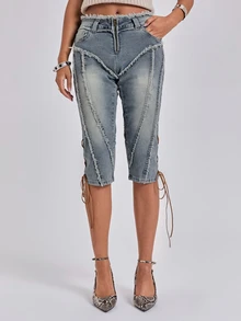 ROMWE Autumn/Winter Y2K Sexy Millennium Style Frayed Edge Exposed 2 In 1 Ultra Low Waist Tight Denim Shorts - Light Wash - View 8