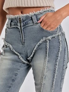 ROMWE Autumn/Winter Y2K Sexy Millennium Style Frayed Edge Exposed 2 In 1 Ultra Low Waist Tight Denim Shorts - Light Wash - View 6