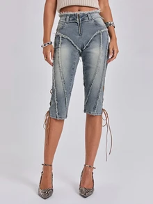 ROMWE Autumn/Winter Y2K Sexy Millennium Style Frayed Edge Exposed 2 In 1 Ultra Low Waist Tight Denim Shorts - Light Wash - View 1