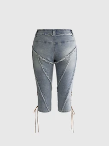 ROMWE Autumn/Winter Y2K Sexy Millennium Style Frayed Edge Exposed 2 In 1 Ultra Low Waist Tight Denim Shorts - Light Wash - View 11