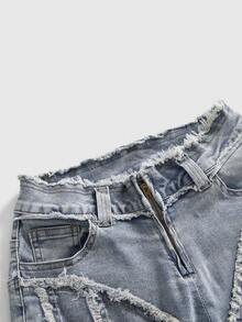 ROMWE Autumn/Winter Y2K Sexy Millennium Style Frayed Edge Exposed 2 In 1 Ultra Low Waist Tight Denim Shorts - Light Wash - View 12
