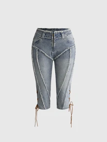 ROMWE Autumn/Winter Y2K Sexy Millennium Style Frayed Edge Exposed 2 In 1 Ultra Low Waist Tight Denim Shorts - Light Wash - View 9