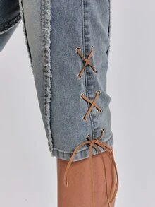 ROMWE Autumn/Winter Y2K Sexy Millennium Style Frayed Edge Exposed 2 In 1 Ultra Low Waist Tight Denim Shorts - Light Wash - View 5